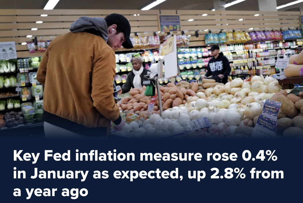 美联储关注的主要通胀指标年率2.8%,符合预期