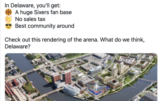 76人费城唐人街附近建球馆困难重重,特拉华和新泽西州长“示爱”76人:“来我们这建球馆吧,不收销售税,球迷庞大,社区友好”